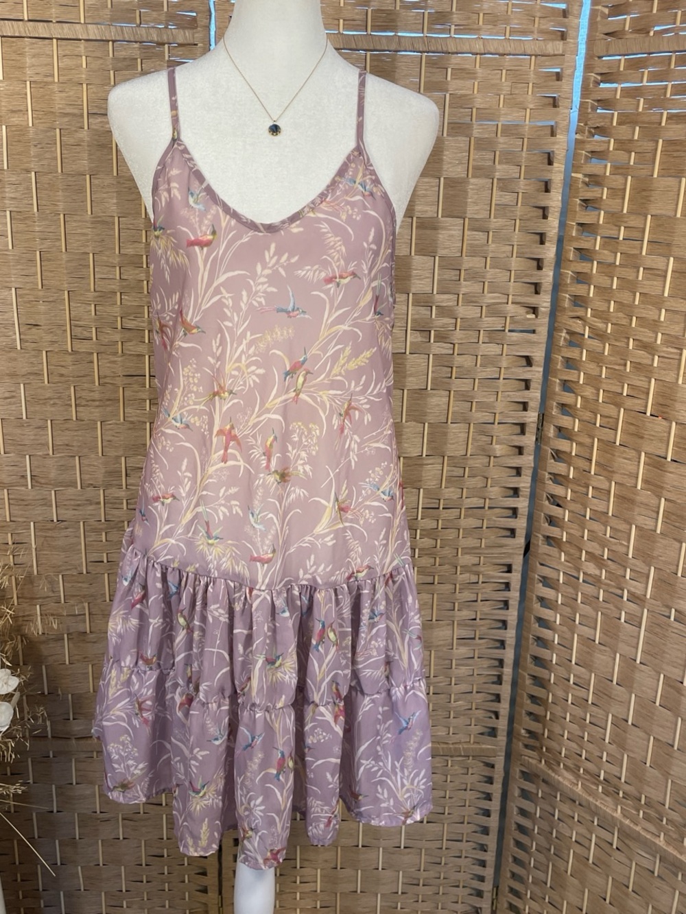 Floral Bird Print Purple Violet  Semi Sheer Slip Dress